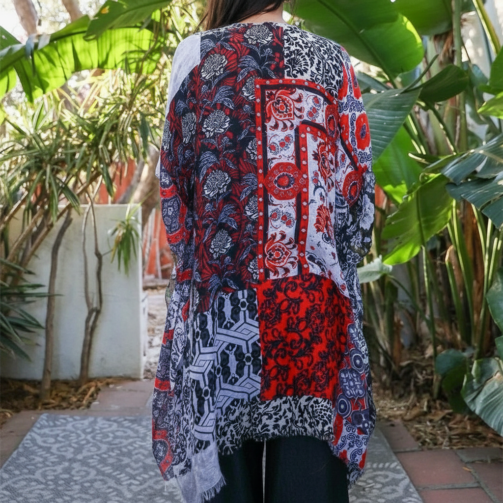 Boho Patchwork Kimono back view in garden setting