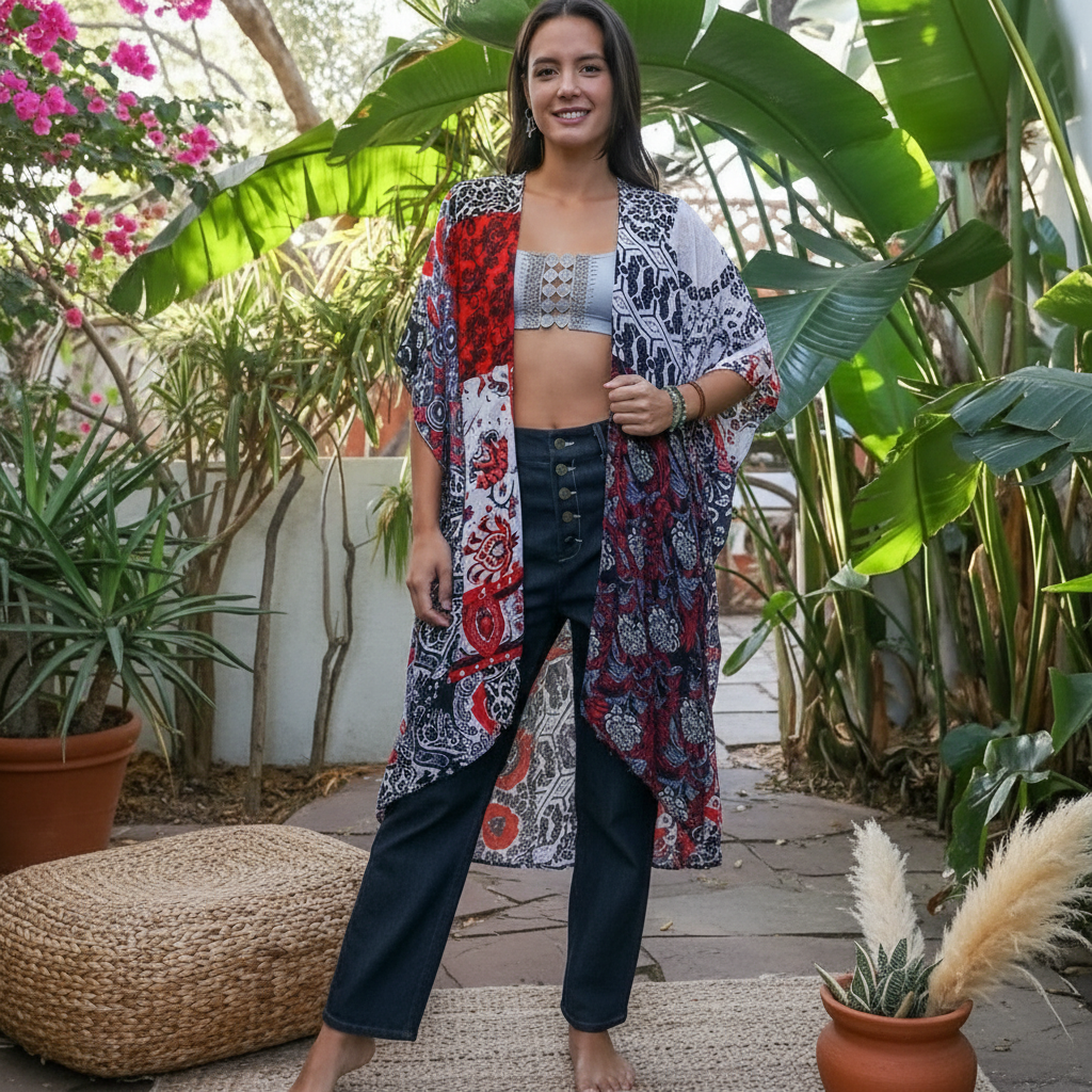 Boho Patchwork Kimono in bohemian setting
