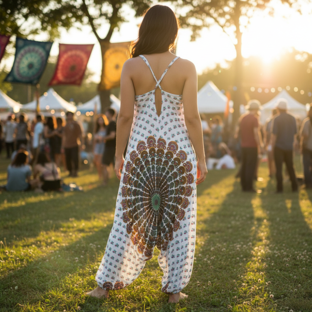 Chakra Hippie Jumpsuit back view in festival setting