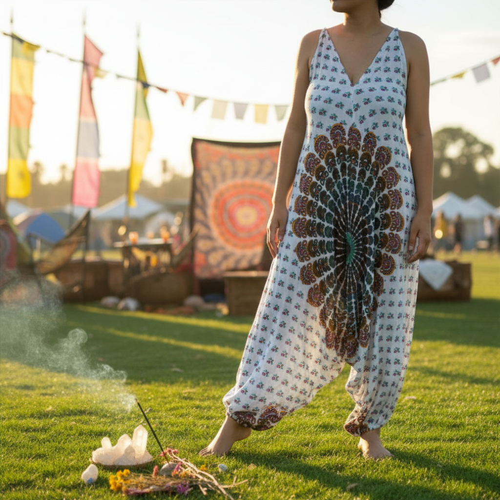 Chakra Hippie Jumpsuit in festival setting